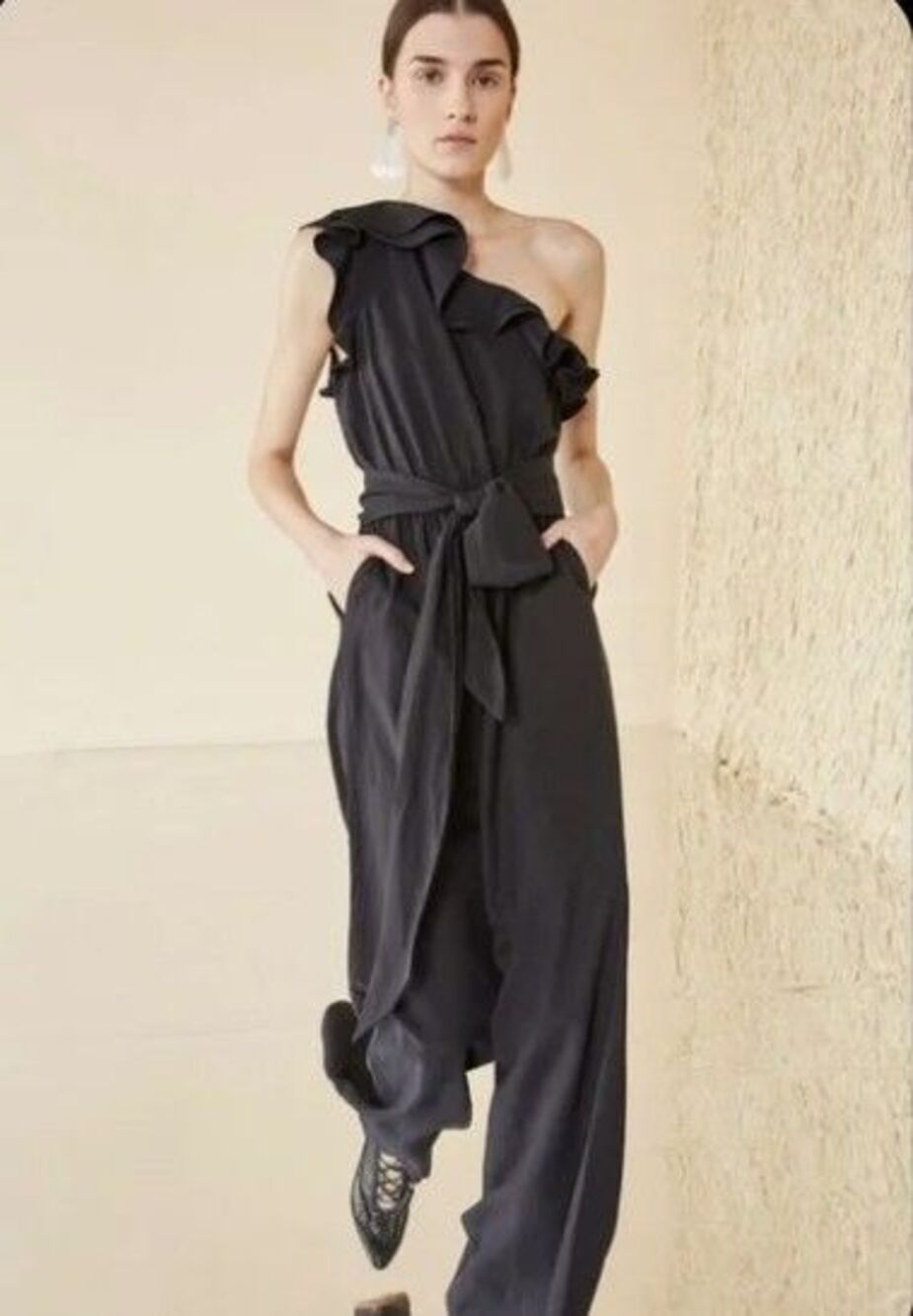 Ulla Johnson Demi One Shoulder Ruffle Jumpsuit 8 Black Twill Wide Leg Wedding